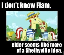 Size: 787x666 | Tagged: safe, edit, edited screencap, screencap, flam, flim, pony, unicorn, g4, the super speedy cider squeezy 6000, brothers, caption, cider, duo, flim flam brothers, image macro, male, meme, stallion, super speedy cider squeezy 6000, the simpsons