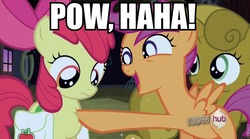 Size: 850x471 | Tagged: safe, apple bloom, scootaloo, sweetie belle, g4, image macro, pow, sweetie gold, team fortress 2