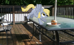 Size: 957x586 | Tagged: safe, artist:darkkon13, derpy hooves, pegasus, pony, g4, female, irl, mare, muffin, photo, ponies in real life, porch, table, vector