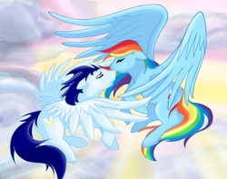 Size: 776x612 | Tagged: safe, artist:crowneprince, rainbow dash, soarin', pegasus, pony, g4, cloud, duo, eyes closed, female, flying, male, mare, old cutie mark, ship:soarindash, shipping, spread wings, stallion, straight, wings