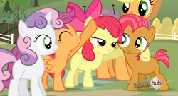 Size: 849x462 | Tagged: safe, screencap, apple bloom, applejack, babs seed, scootaloo, sweetie belle, g4, bedroom eyes, extremely long legs, out of context