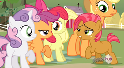 Size: 850x465 | Tagged: safe, screencap, apple bloom, applejack, babs seed, scootaloo, sweetie belle, g4, one bad apple, bedroom eyes, out of context