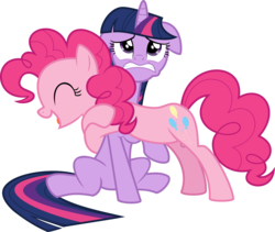 Size: 4999x4219 | Tagged: safe, artist:mrcbleck, pinkie pie, twilight sparkle, earth pony, pony, unicorn, g4, ^^, absurd resolution, duo, duo female, eyes closed, female, floppy ears, gritted teeth, hooves, horn, hug, mare, multicolored mane, multicolored tail, open mouth, open smile, palindrome get, pink mane, pink tail, simple background, sitting, smiling, tail, transparent background, unicorn twilight, vector