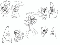 Size: 2203x1664 | Tagged: dead source, safe, artist:thecheeseburger, derpy hooves, pegasus, pony, g4, band geeks, crossover, dialogue, female, free form jazz, grandma's kisses, male, mare, monochrome, patrick star, sketch, spongebob squarepants, squilliam returns, traditional art