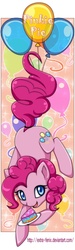 Size: 270x900 | Tagged: safe, artist:extra-fenix, pinkie pie, earth pony, pony, g4, balloon, bookmark, cake, colored pupils, cute, diapinkes, female, food, mare, open mouth, solo, then watch her balloons lift her up to the sky