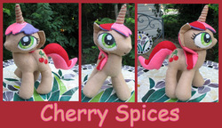 Size: 784x453 | Tagged: safe, artist:krumm33, cherry spices, pony, unicorn, g4, horn, irl, multiple views, outdoors, photo, plushie, solo