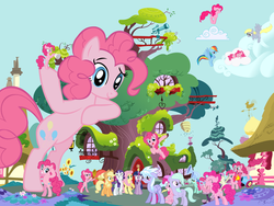 Size: 2560x1927 | Tagged: safe, artist:flutterflyraptor, applejack, bon bon, cloudchaser, derpy hooves, flitter, fluttershy, lyra heartstrings, pinkie pie, rainbow dash, rarity, sweetie drops, twilight sparkle, earth pony, pegasus, pony, unicorn, g4, bipedal, bipedal leaning, clone, cloud, female, flugelhorn, giant pony, golden oaks library, horn, leaning, macro, mane six, mare, mega pinkie, megaphone, multeity, musical instrument, party cannon, pinkie clone, ponyville, too much pink energy is dangerous, trombone, vector