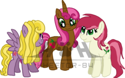 Size: 1000x626 | Tagged: safe, artist:kheetor84, cherry spices, lily blossom, roseluck, earth pony, pegasus, pony, unicorn, g4, female, mare, simple background, spread wings, transparent background, trio, trio female, wings