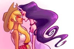 Size: 661x445 | Tagged: safe, artist:isthatwhatyoumint, applejack, rarity, human, g4, female, horn, horned humanization, humanized, lesbian, ship:rarijack, shipping