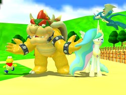 Size: 1280x960 | Tagged: safe, princess celestia, human, koopa troopa, g4, bowser, crossover, dialogue in the comments, digimon, exveemon, flying, gmod, kooper, luigi, male, paper mario, riding, super mario 64, super mario bros., wat