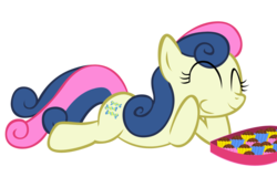 Size: 1050x670 | Tagged: safe, artist:jaelachan, bon bon, sweetie drops, earth pony, pony, g4, ^^, adorabon, chocolate, cute, eating, eyes closed, female, happy, prone, simple background, solo, transparent background, vector