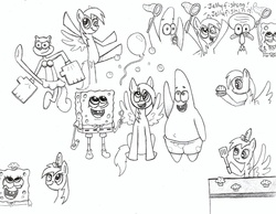 Size: 2198x1706 | Tagged: safe, artist:thecheeseburger, derpy hooves, pegasus, pony, g4, crossover, dialogue, female, jellyfishing, karate, male, mare, monochrome, patrick star, sandy cheeks, sketch, spongebob squarepants, squidward tentacles, traditional art