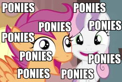 Size: 716x481 | Tagged: safe, edit, edited screencap, screencap, scootaloo, sweetie belle, g4, one bad apple, caption, derp, image macro, jumping, pronking