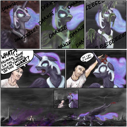 Size: 1510x1510 | Tagged: safe, artist:testostepone, nightmare moon, alicorn, crab, human, pony, g4, angry, colored, comic, dialogue, floppy ears, helmet, hoof shoes, magic, peytral, running, speech bubble, this will end in death, yelling