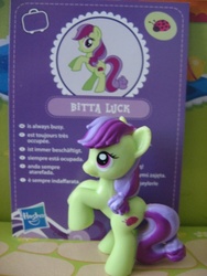 Size: 480x640 | Tagged: safe, artist:twilightberry, bitta luck, pony, g4, official, collector card, irl, multilingual packaging, photo, solo, toy