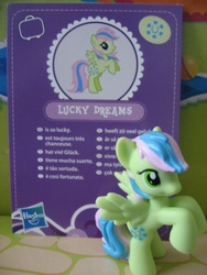 Size: 480x640 | Tagged: safe, artist:twilightberry, lucky dreams, pony, g4, official, collector card, irl, multilingual packaging, photo, solo, toy