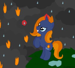 Size: 1176x1060 | Tagged: safe, artist:graciegirl328, waterfire (g4), pony, unicorn, female, grass, grin, horn, magic, magic aura, mare, puddle, rearing, smiling, solo, tail