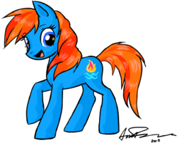Size: 491x397 | Tagged: safe, artist:omg-chibi, waterfire, earth pony, pony, g3, g4, 2010, female, g3 to g4, generation leap, open mouth, open smile, raised h, signature, simple background, smiling, solo, transparent background