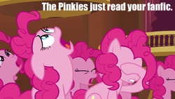 Size: 1280x720 | Tagged: safe, edit, edited screencap, screencap, pinkie pie, earth pony, pony, g4, too many pinkie pies, caption, clone, facehoof, fanfic, female, image macro, mare, meme, pinkie clone, reaction image, sitting