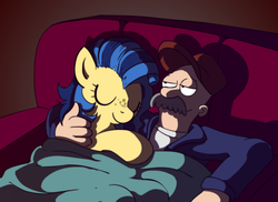 Size: 800x582 | Tagged: safe, artist:p.chronos, oc, oc:milky way, human, pony, /mlp/, bed, blanket, couch, crossover, female, freckles, futurama, hilarious in hindsight, hug, janitor, male, mare, scruffy, sleeping