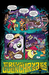 Size: 1040x1600 | Tagged: safe, idw, official comic, apple bloom, brunella, queen chrysalis, scootaloo, sweetie belle, hippopotamus, jackalope, opossum, rabbit, squirrel, g4, official, the return of queen chrysalis, spoiler:comic01, animal, book, canteen, clothes, comic, cutie mark crusaders, explorer outfit, fluttershy's backyard, fluttershy's cottage, hat, implied fluttershy, issue 1, preview, sign, whip