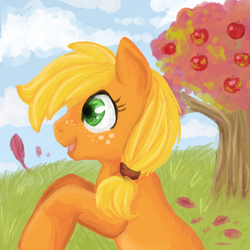 Size: 500x500 | Tagged: safe, artist:lulubell, applejack, earth pony, pony, g4, bust, female, hatless, missing accessory, rearing, solo