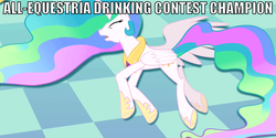 Size: 1280x640 | Tagged: safe, edit, edited screencap, screencap, princess celestia, g4, alcohol, caption, drunk, image macro, out of context, unconscious