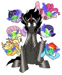 Size: 897x1090 | Tagged: safe, artist:unoservix, applejack, fluttershy, king sombra, pinkie pie, rainbow dash, rarity, twilight sparkle, earth pony, pegasus, pony, unicorn, g4, armor, dark magic, female, horn, male, mare, simple background, sombra eyes, stallion, transparent background