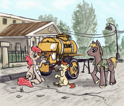 Size: 1280x1096 | Tagged: safe, artist:agm, earth pony, pony, apron, cart, clothes, cyrillic, drink, drinking, kvass, outdoors, russian, soviet, trailer, trio, unshorn fetlocks, vendor