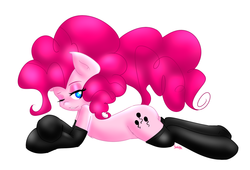 Size: 911x618 | Tagged: safe, artist:fatcakes, pinkie pie, earth pony, pony, g4, female, kinkie pie, latex, one eye closed, solo