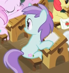 Size: 317x334 | Tagged: safe, screencap, apple bloom, diamond tiara, liza doolots, petunia, piña colada, silver spoon, tootsie flute, pony, unicorn, call of the cutie, g4, cropped, desk, female, filly, looking at each other, sitting