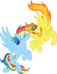 Size: 5847x7593 | Tagged: safe, artist:enigmaticfrustration, artist:mysteriouskaos, rainbow dash, spitfire, pegasus, pony, g4, absurd resolution, duo, eyes closed, female, fire hair, flying, goggles, kiss on the lips, kissing, lesbian, mare, multicolored hair, rainbow hair, ship:spitdash, shipping, simple background, spread wings, transparent background, vector, wings
