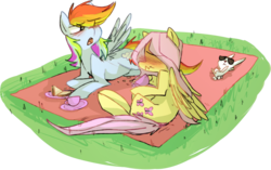 Size: 1280x803 | Tagged: safe, artist:ghost, angel bunny, fluttershy, rainbow dash, pegasus, pony, rabbit, g4, animal, blushing, female, food, mare, picnic, sandwich, simple background, spread wings, sunglasses, tea, transparent background, wings