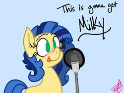 Size: 640x480 | Tagged: safe, artist:palenarrator, oc, oc only, oc:milky way, pony, blushing, female, mane, mare, microphone, pun, solo, tail