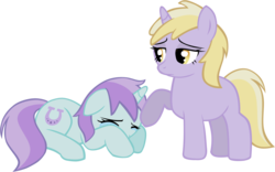 Size: 1084x677 | Tagged: safe, artist:ludiculouspegasus, dinky hooves, liza doolots, petunia, tootsie flute, pony, unicorn, g4, hearts and hooves day (episode), crying, female, filly, floppy ears, foal, screaming, simple background, sitting, transparent background, worried