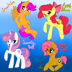 Size: 600x600 | Tagged: safe, artist:mc10215, apple bloom, babs seed, scootaloo, sweetie belle, g4, blushing, cutie mark crusaders, older