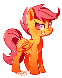 Size: 470x591 | Tagged: safe, artist:raidouraidou, scootaloo, pegasus, pony, g4, bean mouth, colored pupils, female, filly, foal, folded wings, grin, signature, simple background, smiling, standing, white background, wings