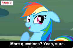 Size: 1024x672 | Tagged: safe, rainbow dash, comic:celestia's servant interview, g4, caption, interview, meta