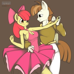 Size: 1280x1280 | Tagged: safe, artist:kloudmutt, apple bloom, featherweight, earth pony, pegasus, anthro, g4, appleweight, breasts, busty apple bloom, cleavage, clothes, dress, female, male, older, ship:featherbloom, shipping, straight, tutu
