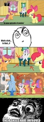 Size: 500x1368 | Tagged: safe, apple bloom, scootaloo, sweetie belle, g4, continuity, cutie mark crusaders, rage face