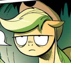 Size: 340x305 | Tagged: safe, idw, official comic, applejack, earth pony, pony, g4, the return of queen chrysalis, spoiler:comic, comic, reaction image