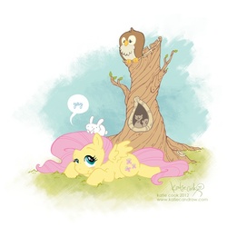 Size: 720x720 | Tagged: safe, artist:katie cook, fluttershy, owl, rabbit, squirrel, g4, tree trunk, yay