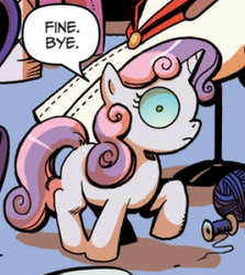 Size: 310x348 | Tagged: safe, artist:andypriceart, idw, official comic, sweetie belle, changeling, pony, unicorn, g4, the return of queen chrysalis, spoiler:comic, spoiler:comic01, changelings are terrible actors, disguise, disguised changeling, female, filly, infected, solo, wide eyes
