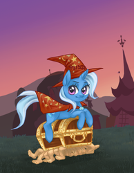 Size: 564x727 | Tagged: safe, artist:bikkisu, trixie, pony, unicorn, g4, brooch, cape, clothes, crossover, discworld, female, hat, jewelry, looking at you, mare, rincewind, the luggage, wheels trixie