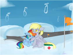 Size: 2633x2000 | Tagged: safe, artist:lustrous-dreams, derpy hooves, rainbow dash, pegasus, pony, g4, bandage, cloud, cloudy, crying, duo, duo female, female, filly, filly rainbow dash, flag, injured, mare, sadbow dash, younger