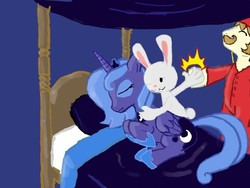 Size: 640x480 | Tagged: safe, princess luna, oc, oc:gentle coltte of leisure, g4, bed, crossover, max (sam and max), moustache, s1 luna, sam and max