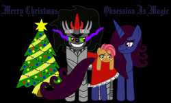 Size: 1024x614 | Tagged: safe, artist:thelordofdust, babs seed, king sombra, oc, oc:maneia, g4, cape, christmas, christmas tree, clothes, fangs, grin, looking at you, obsession is magic, smiling, tree