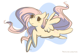 Size: 975x662 | Tagged: safe, artist:rendoas, fluttershy, pegasus, pony, g4, abstract background, female, mare, smiling, solo, spread wings, wings