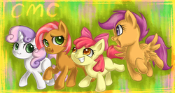 Size: 1500x800 | Tagged: safe, artist:bunina, apple bloom, babs seed, scootaloo, sweetie belle, g4, cutie mark crusaders