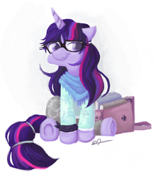 Size: 837x952 | Tagged: safe, artist:xxmentalincxx, twilight sparkle, pony, unicorn, g4, alternate hairstyle, book, book bag, clothes, female, glasses, hipster, mare, signature, simple background, sitting, smiling, solo, underhoof, white background